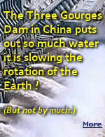 Before you panic, it is nice to know that our country isn't the only one wasting money on research projects. This is the world's largest dam, holding back 42 billion tons of water. Water has mass, and mass has gravity, and gravity affects how fast the Earth rotates on its axis and isn't a perfect sphere, it's slightly flattened at the poles and bulging at the equator. The dam has increased the length of a day by only 0.06 microseconds. 